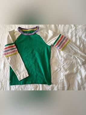Boden Green Raglan Long Sleeve Tee with Rainbow Stripe Cuffs